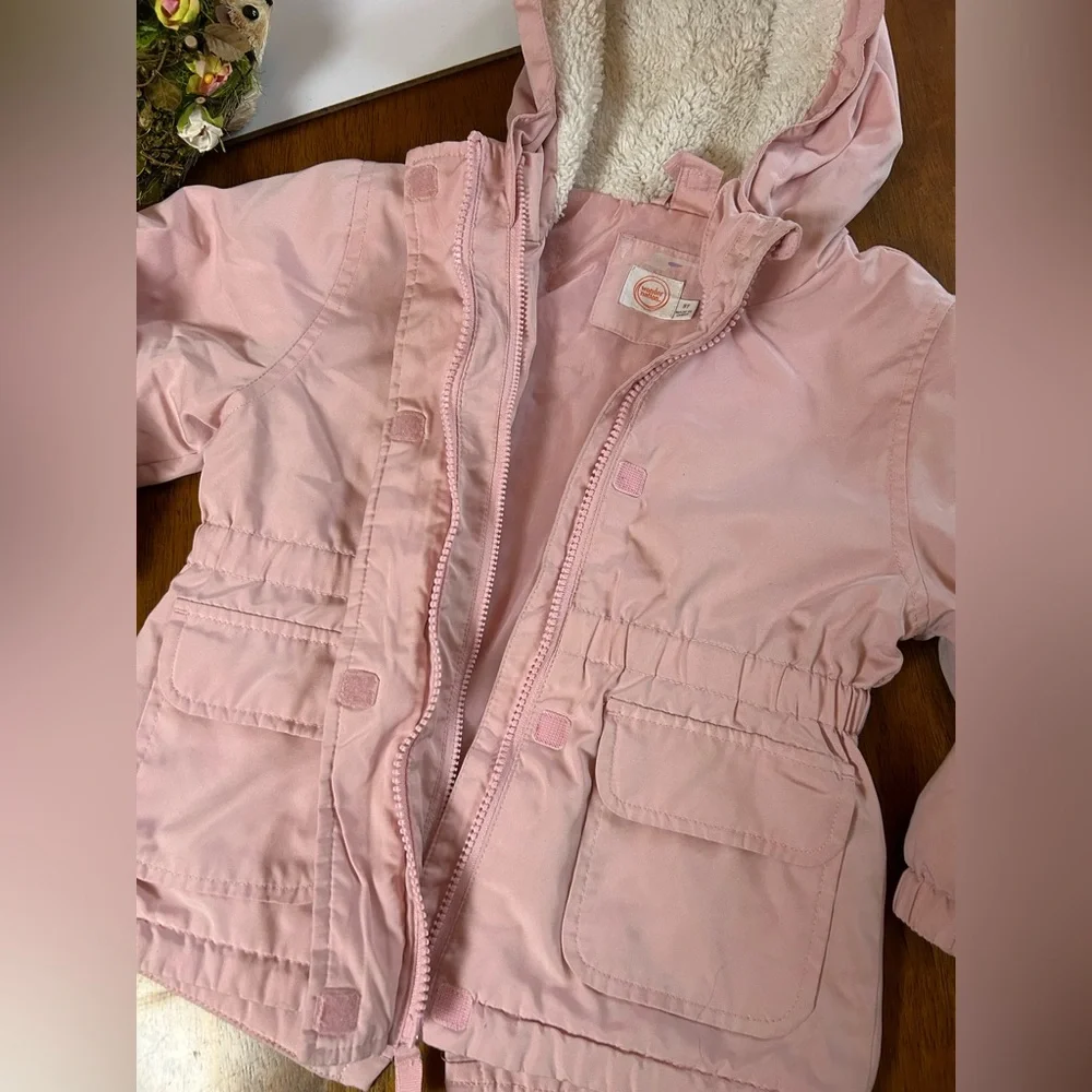Girls Blush Pink Hooded Spring Jacket | Sherpa-Lined Hood | 3T